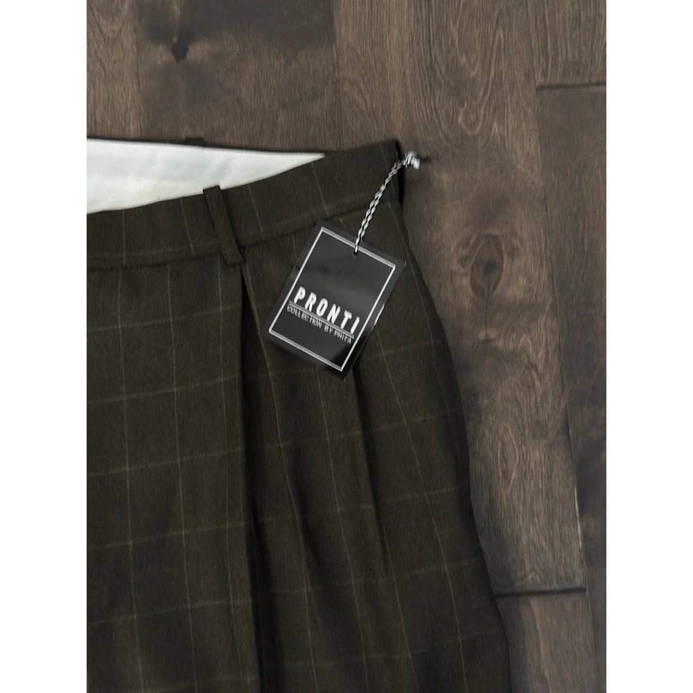 NWT Pronti Phita Mens Brown Windowpane Pleated Dress Pants Size 40X33 Cuffed